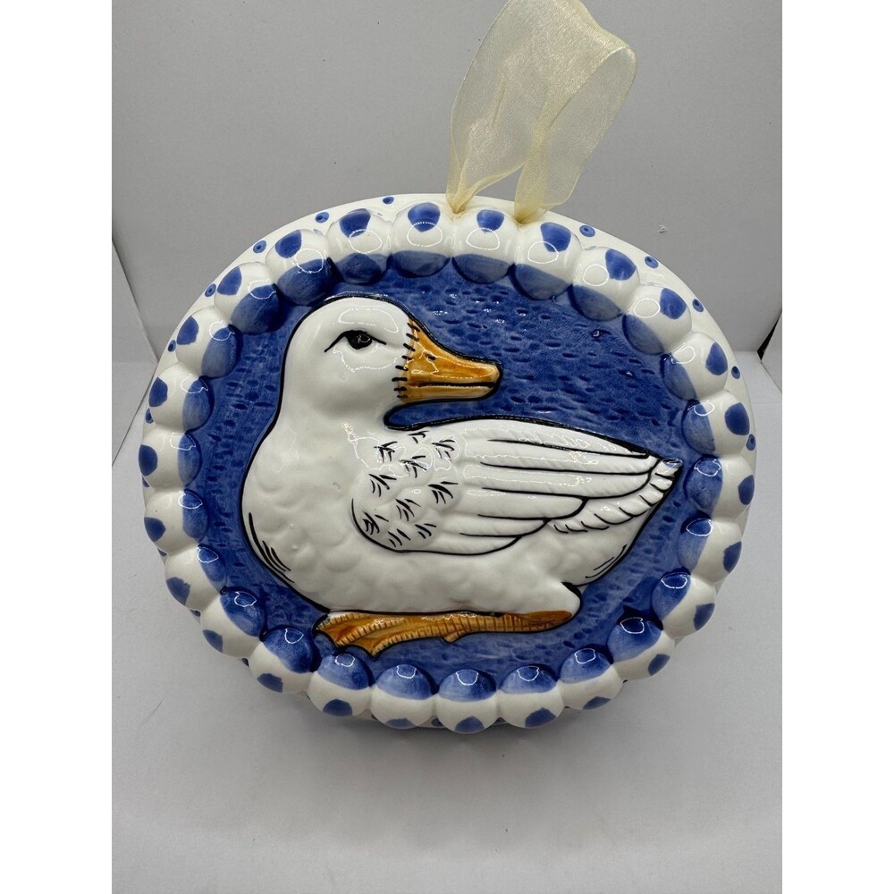 Hand Painted Goose Wall Plate Blue White Ceramic Farmhouse Kitchen Decor